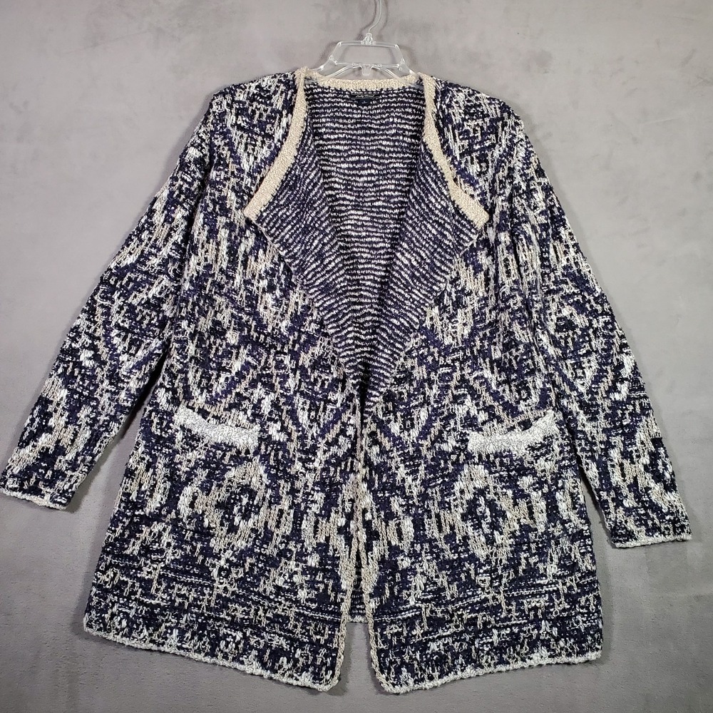 Lucky Brand Cardigan Womens L Blue Ivory Chunky Knit Open Wool Blend Boho Cozy
